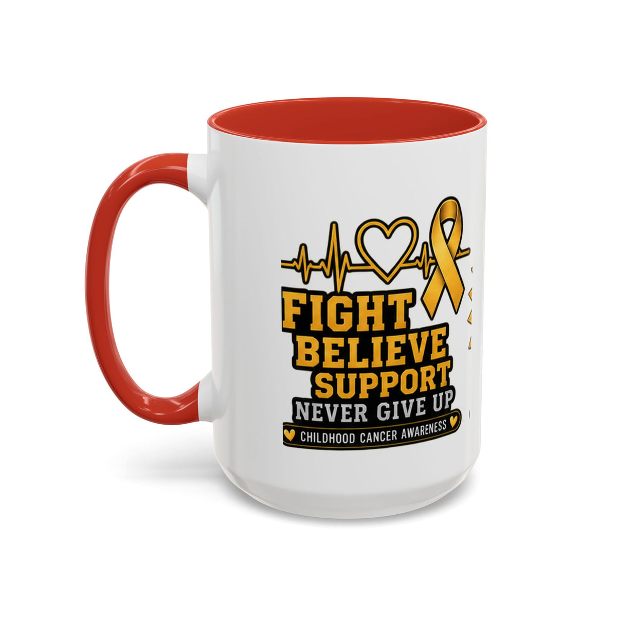 Childhood Cancer Awareness Accent Coffee Mug — "Fight Believe Support" 11/15oz