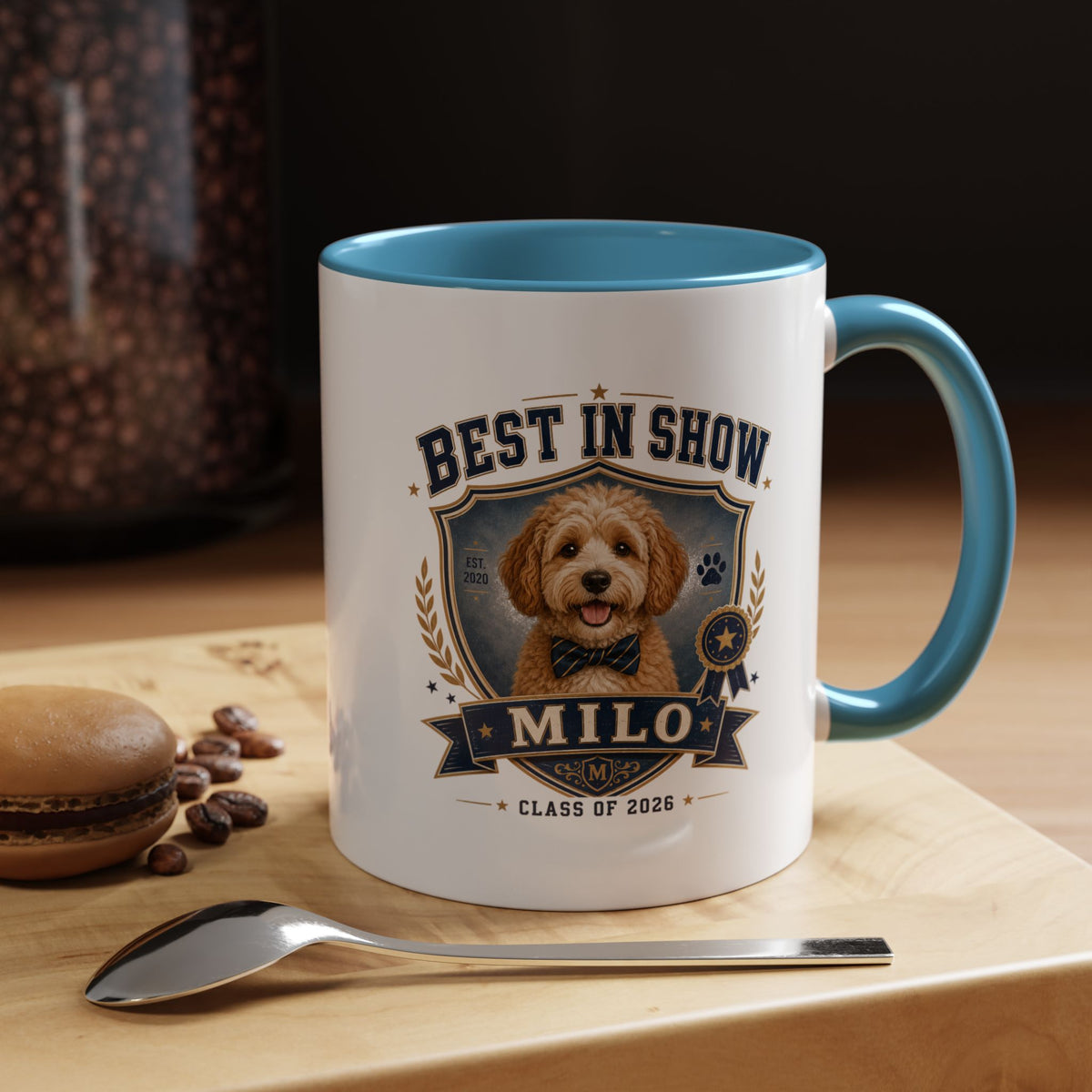 Milo Bailey Dog Dad Mom Best in Show Personalized Dog Coffee Mug — 'Milo' Class of 2026 Accent Mug