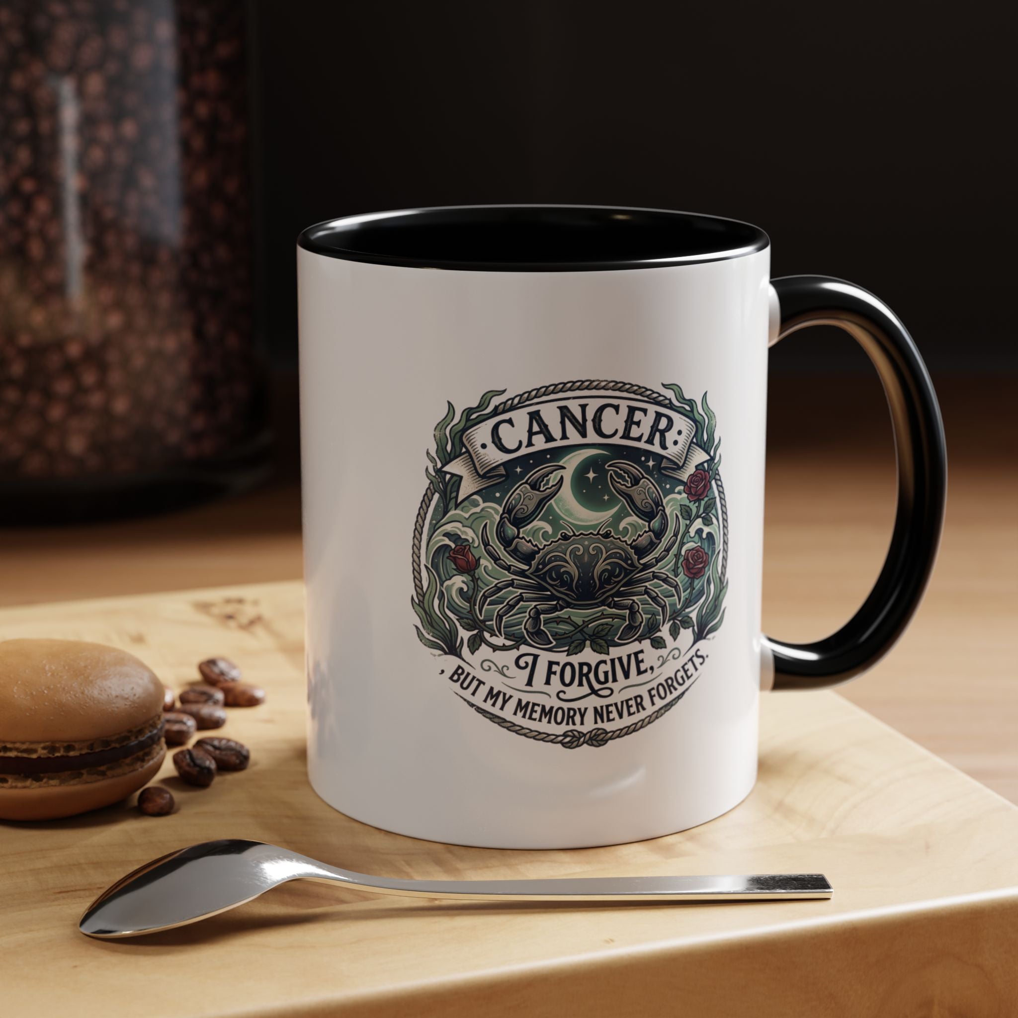 Cancer Zodiac Accent Coffee Mug — 'I Forgive But My Memory Never Forgets' Horoscope Gift