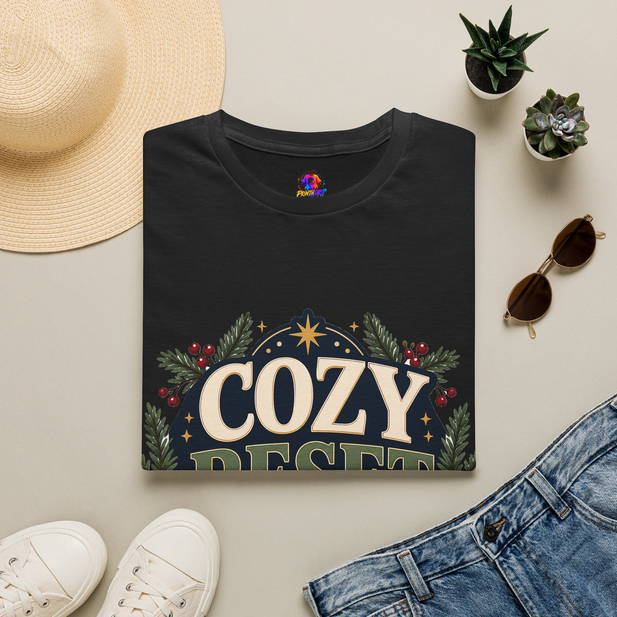 Cozy Reset Season T‑Shirt — Holiday Cozy Cabin Graphic Tee