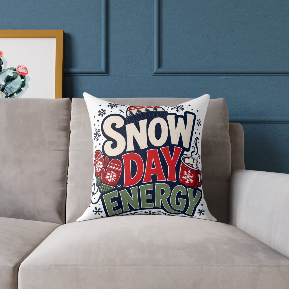 Christmas Snow Day Energy Pillow — Cozy Winter Decorative Throw Pillow with Holiday Mug & Mittens Design
