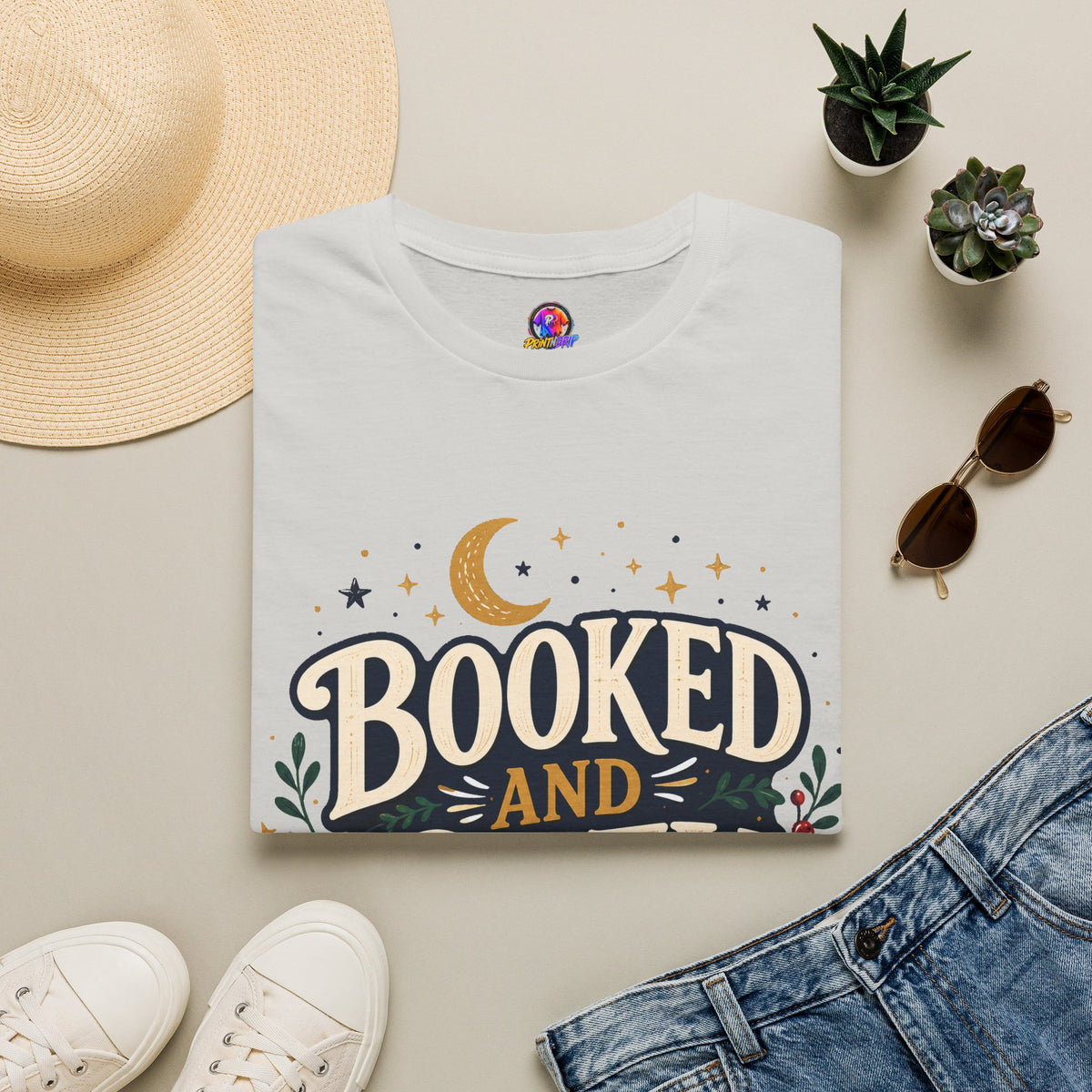 Booked and Cozy T-Shirt — Cozy Reading Graphic Tee (Books, Moon & Stars)