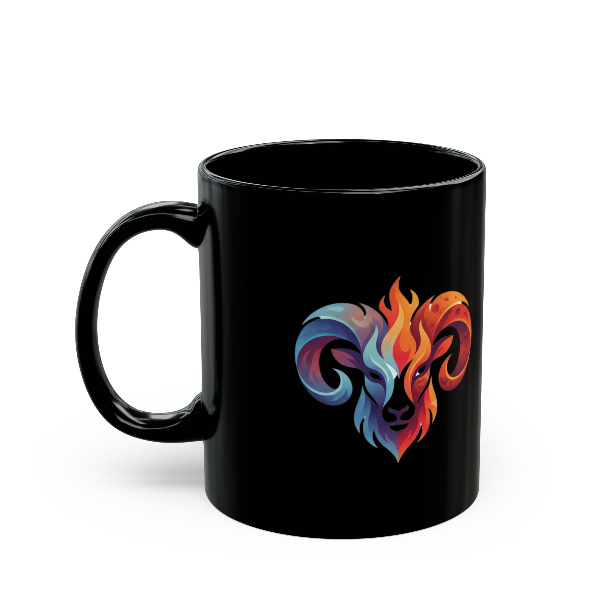 Aries Ram Heart Black Coffee Mug — Colorful Zodiac Flame Design