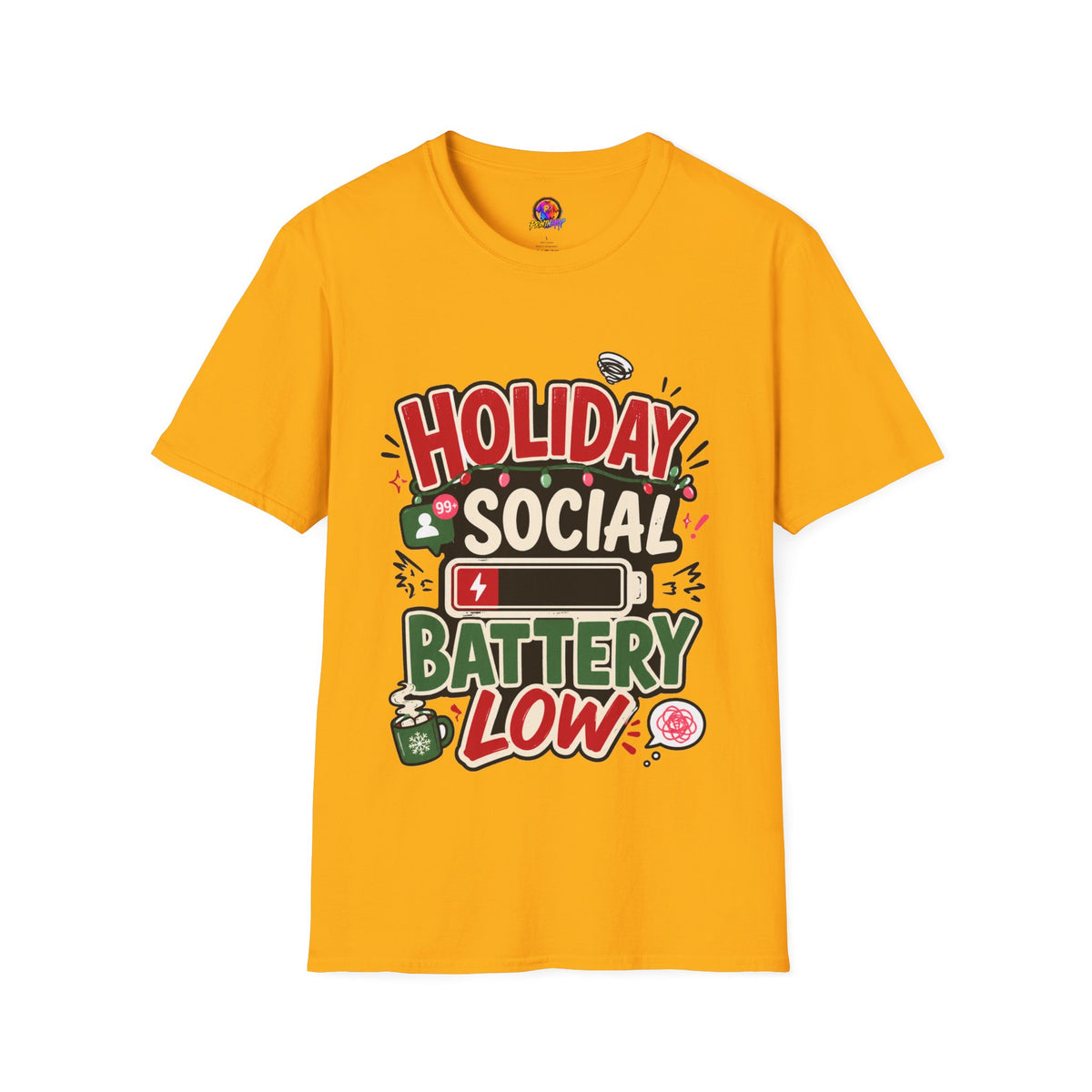 Holiday Social "Battery Low" T‑Shirt — Funny Festive Party Tee for Introverts & Holiday Gatherings