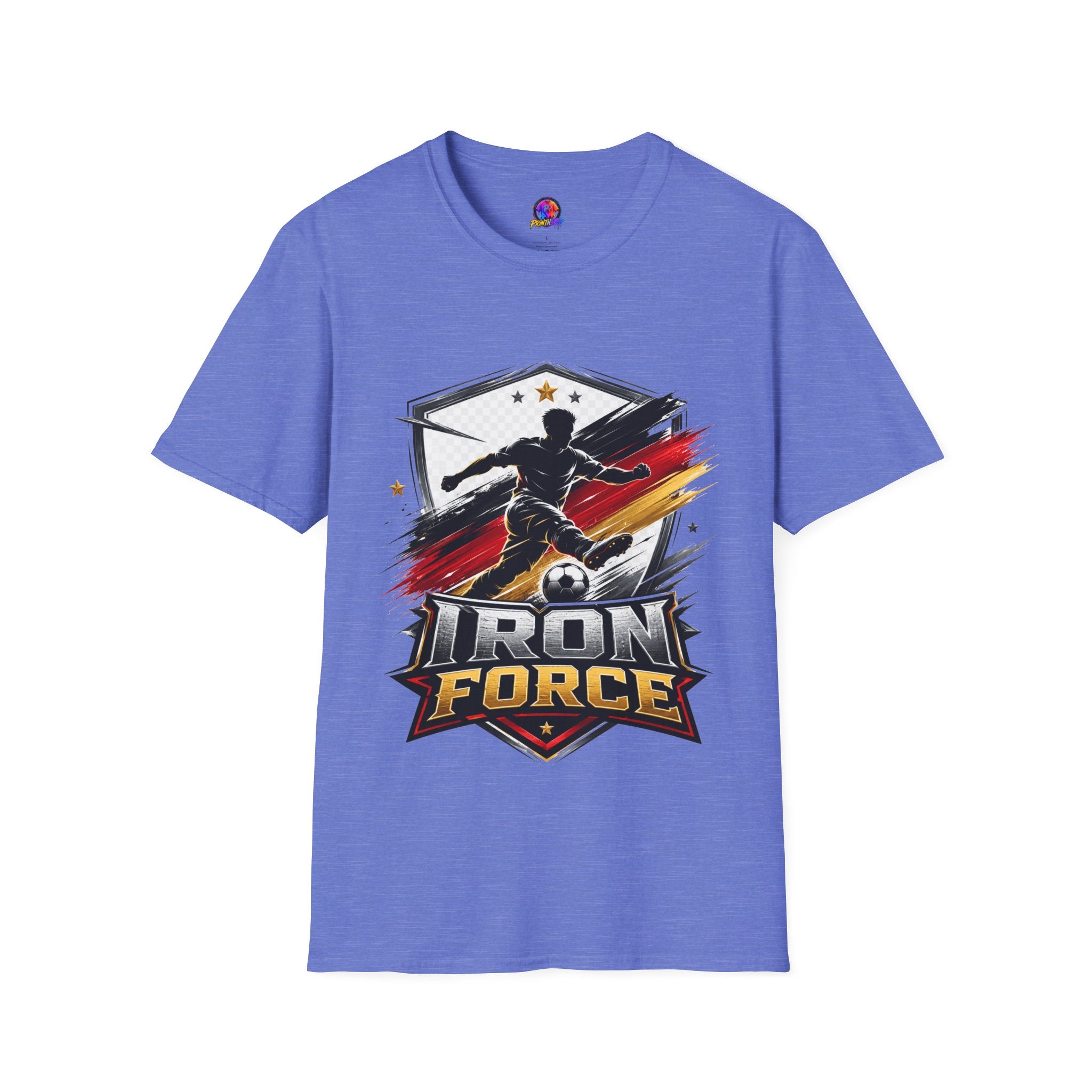 Germany Soccer 'Iron Force' Graphic T-Shirt — Player Silhouette with Red & Gold Brushstroke Emblem