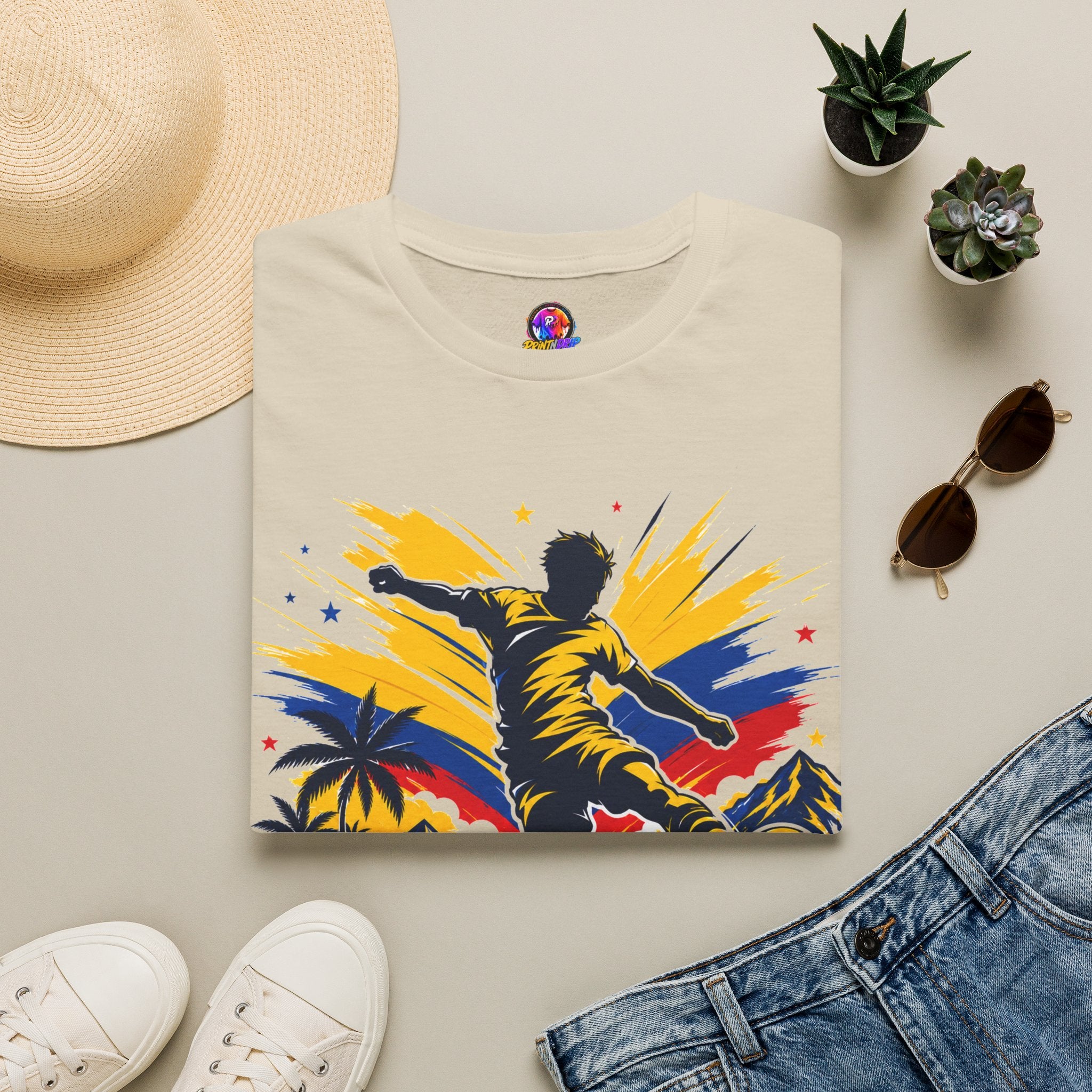Columbia Soccer Player Graphic T-Shirt — "Golden Rhythm" Vibrant Beach Soccer Tee