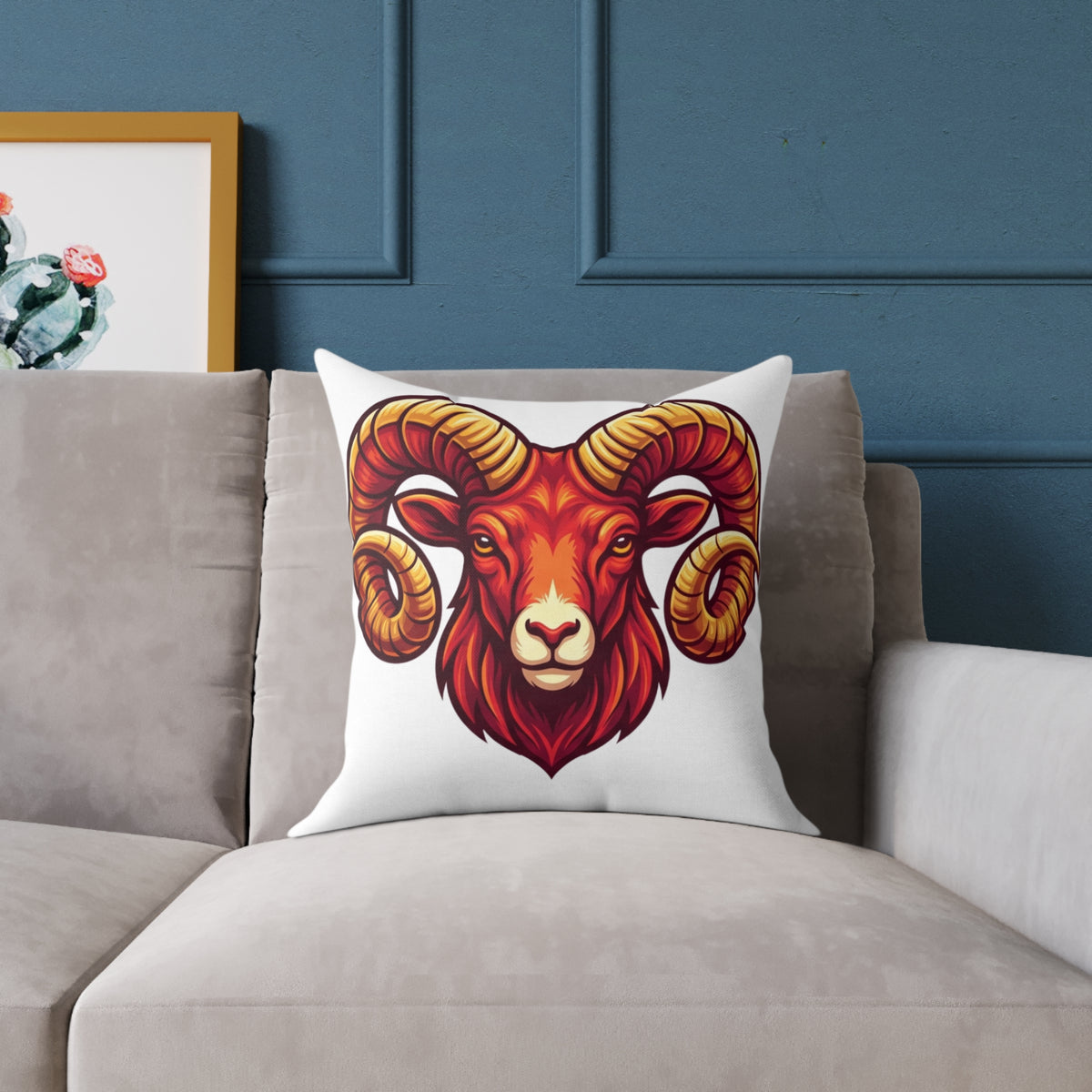 Aries Zodiac Ram Head Throw Pillow — Bold Zodiac Aries Accent Cushion