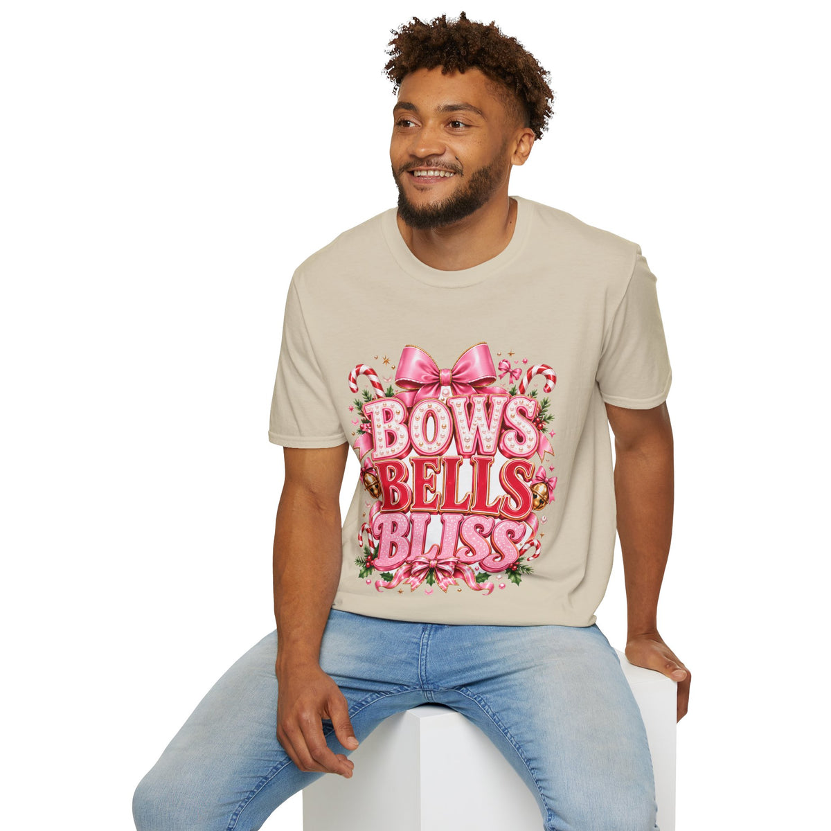 Bows Bells Bliss Christmas T‑Shirt — Pink Holiday Bow Graphic
