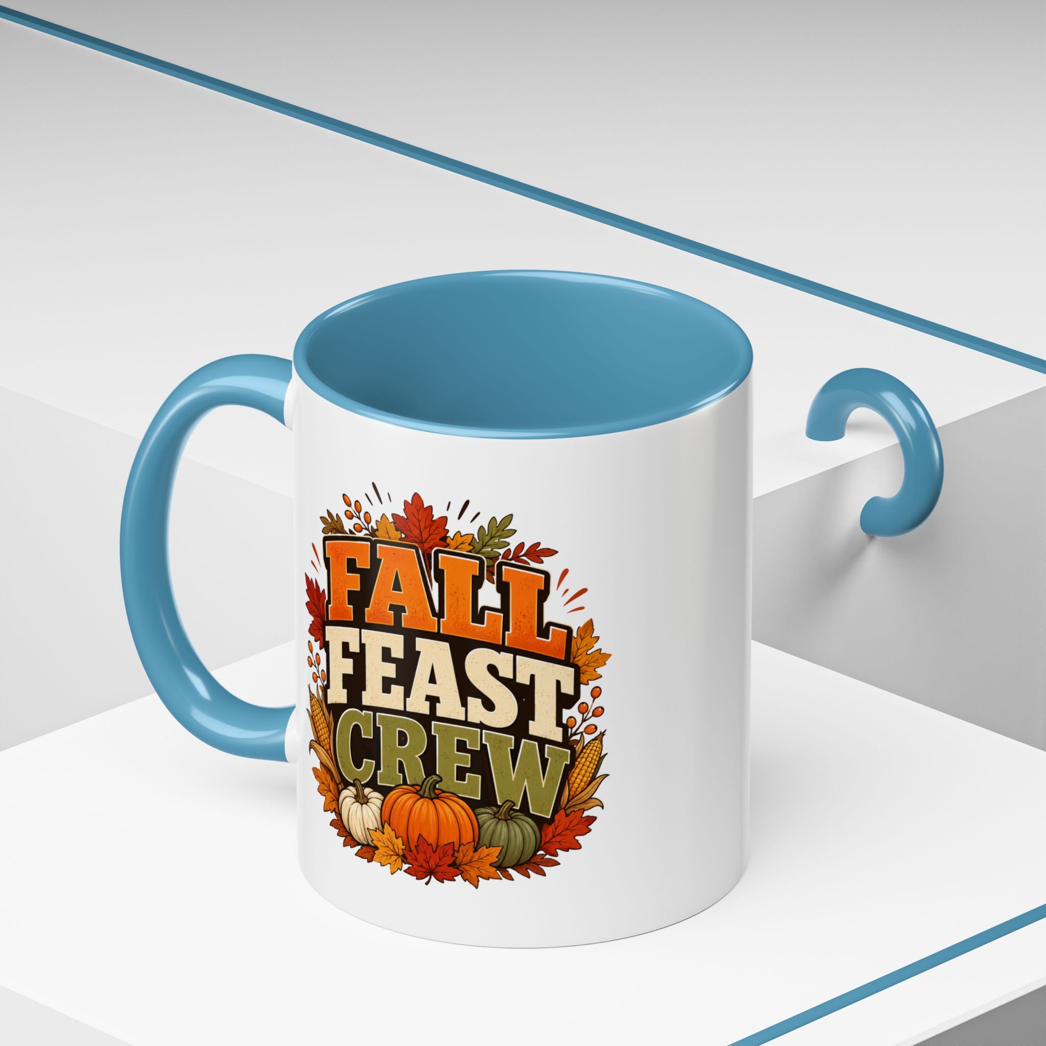 Thanksgiving Mug Fall Feast Crew Coffee Mug — Thanksgiving Pumpkin Autumn Leaves Accent Mug