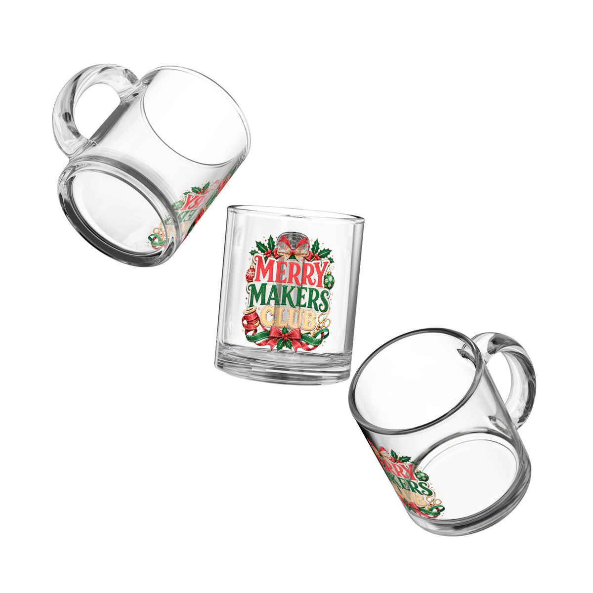Merry Makers Club Glass Mug — 10oz Christmas Holiday Coffee Cup