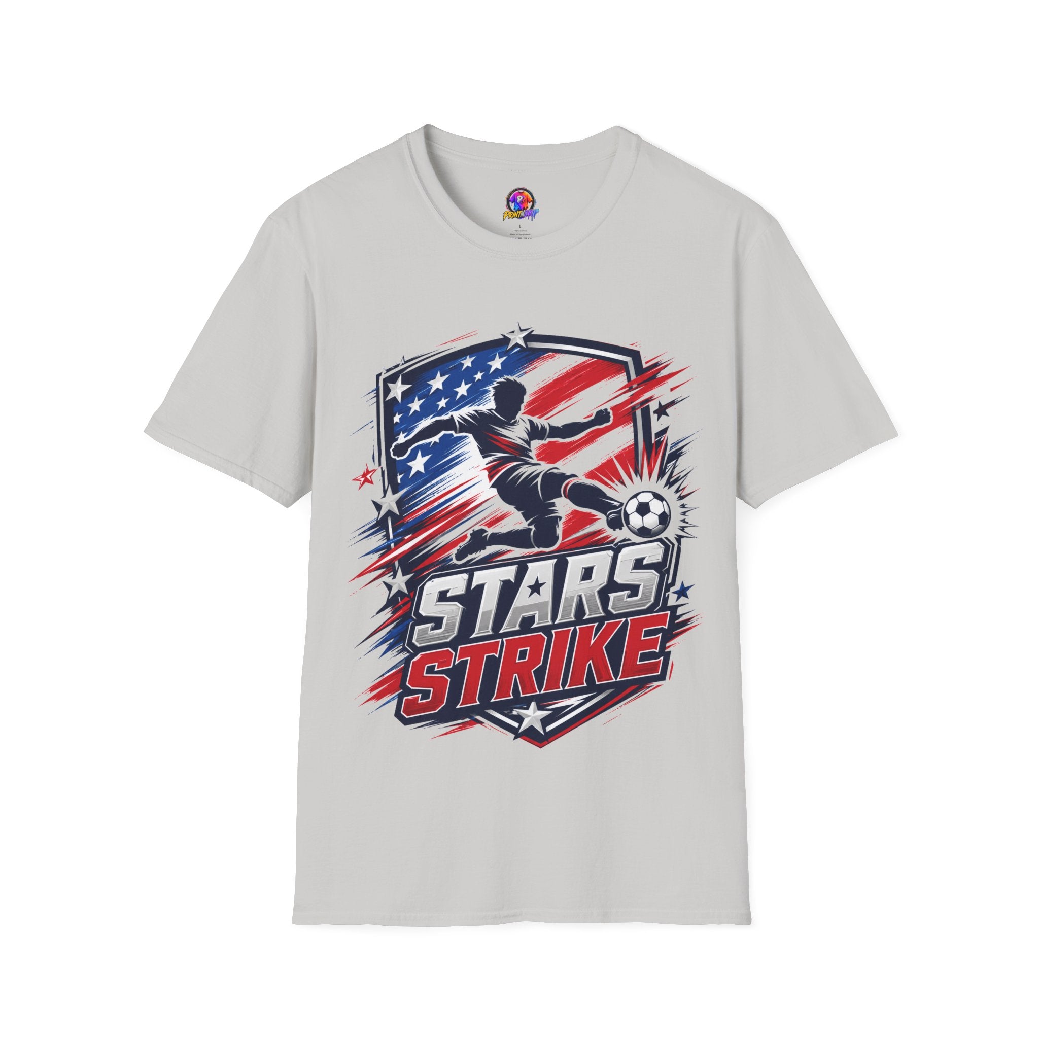 USA Soccer Stars Strike T‑Shirt — American Flag Soccer Player Graphic