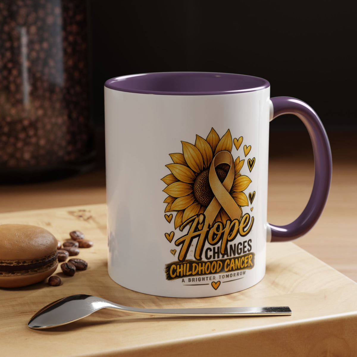 Hope Changes Childhood Cancer Mug – Gold Ribbon Sunflower Accent Coffee Cup (11/15oz)