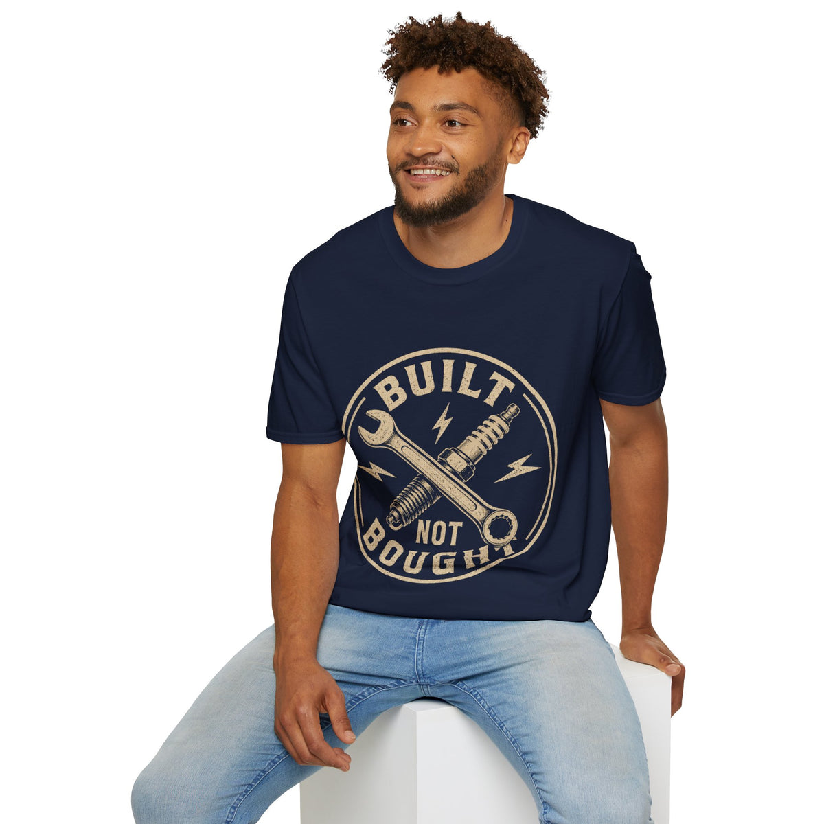 Built Not Bought T-Shirt — Vintage Mechanic Wrench & Spark Plug Design