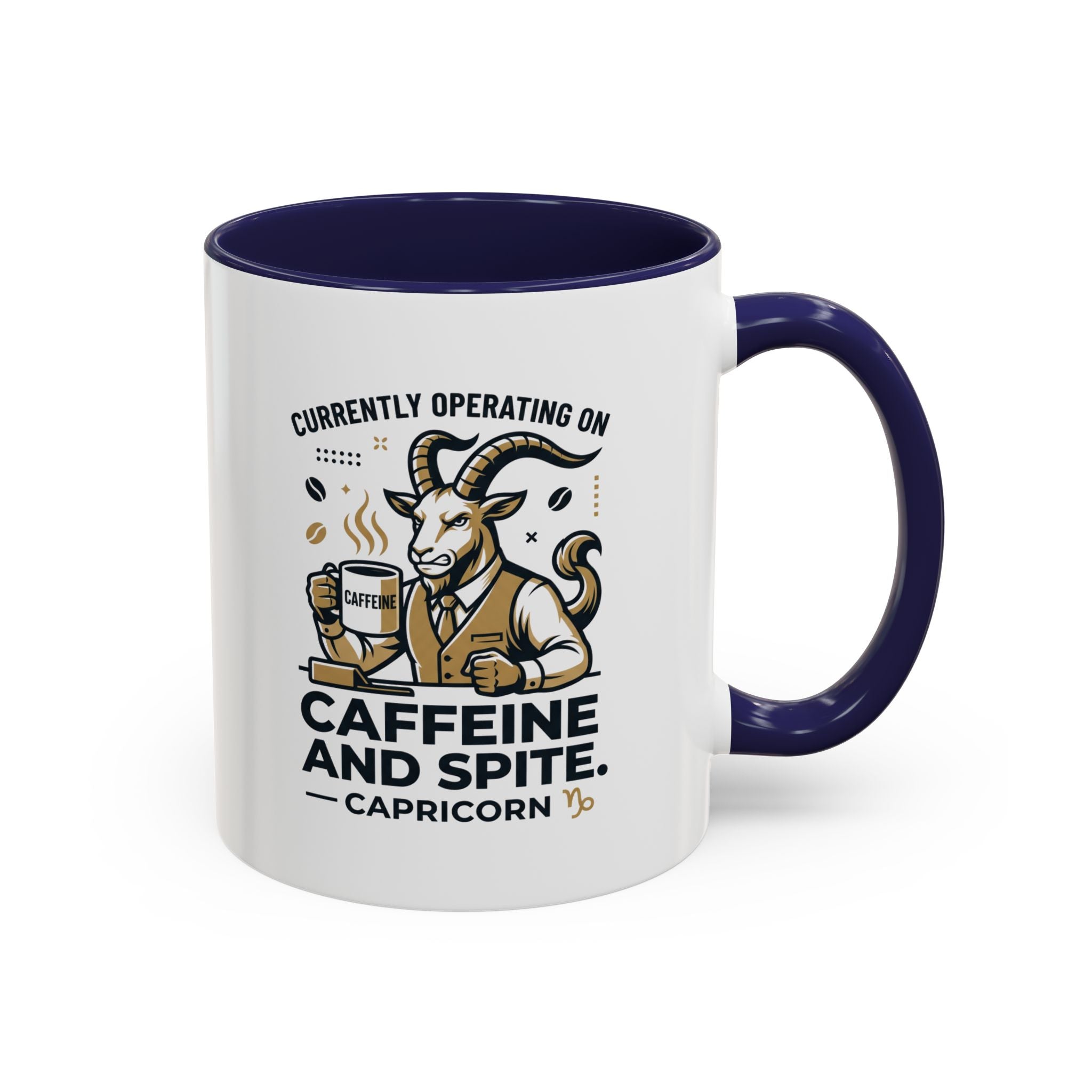 Capricorn Coffee Mug — “Currently Operating on Caffeine and Spite” Accent Mug (11/15oz)