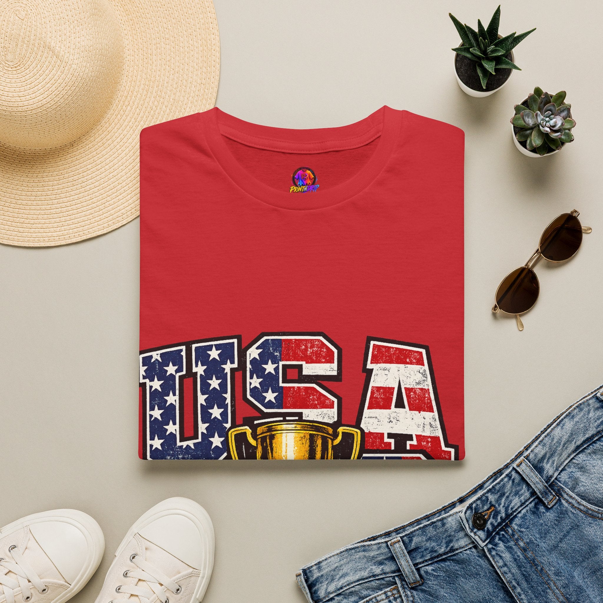 USA Trophy T-Shirt — Patriotic American Flag Graphic Tee