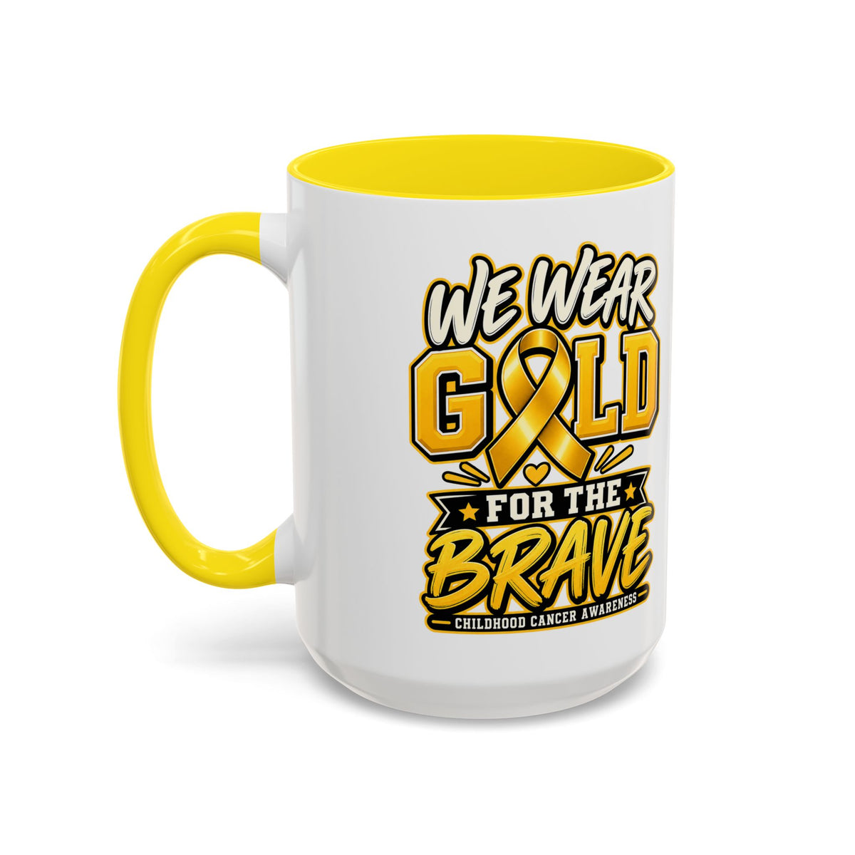 Childhood Cancer Awareness Accent Coffee Mug – "We Wear Gold for the Brave" (11/15 oz)