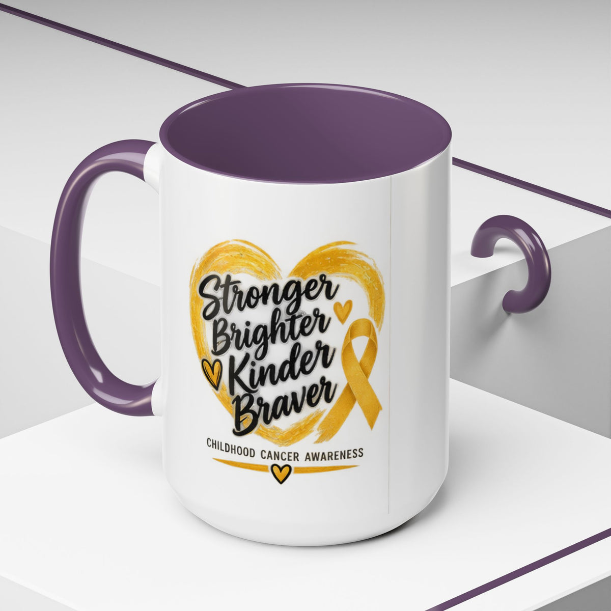 Childhood Cancer Awareness Accent Coffee Mug — "Stronger Brighter Kinder Braver"