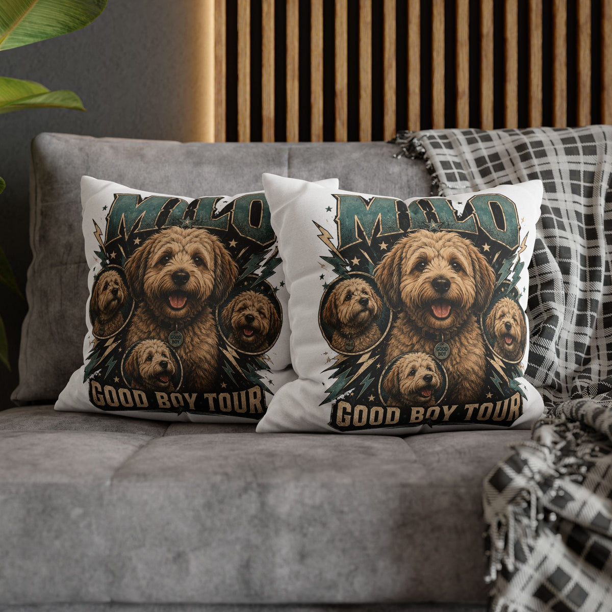 Milo "Good Boy Tour" Decorative Pillowcase — Cute Dog Portrait Square Throw Pillowcase Milo Bailey Dog Dad Mom