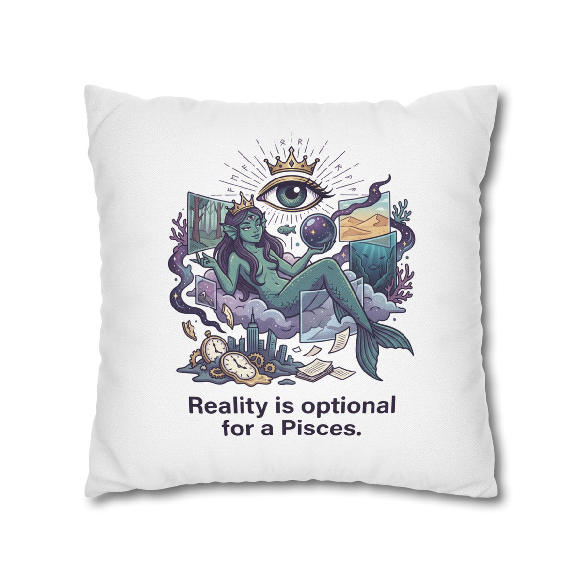 Pisces Mermaid Pillowcase — "Reality Is Optional for a Pisces" Decorative Throw Pillow