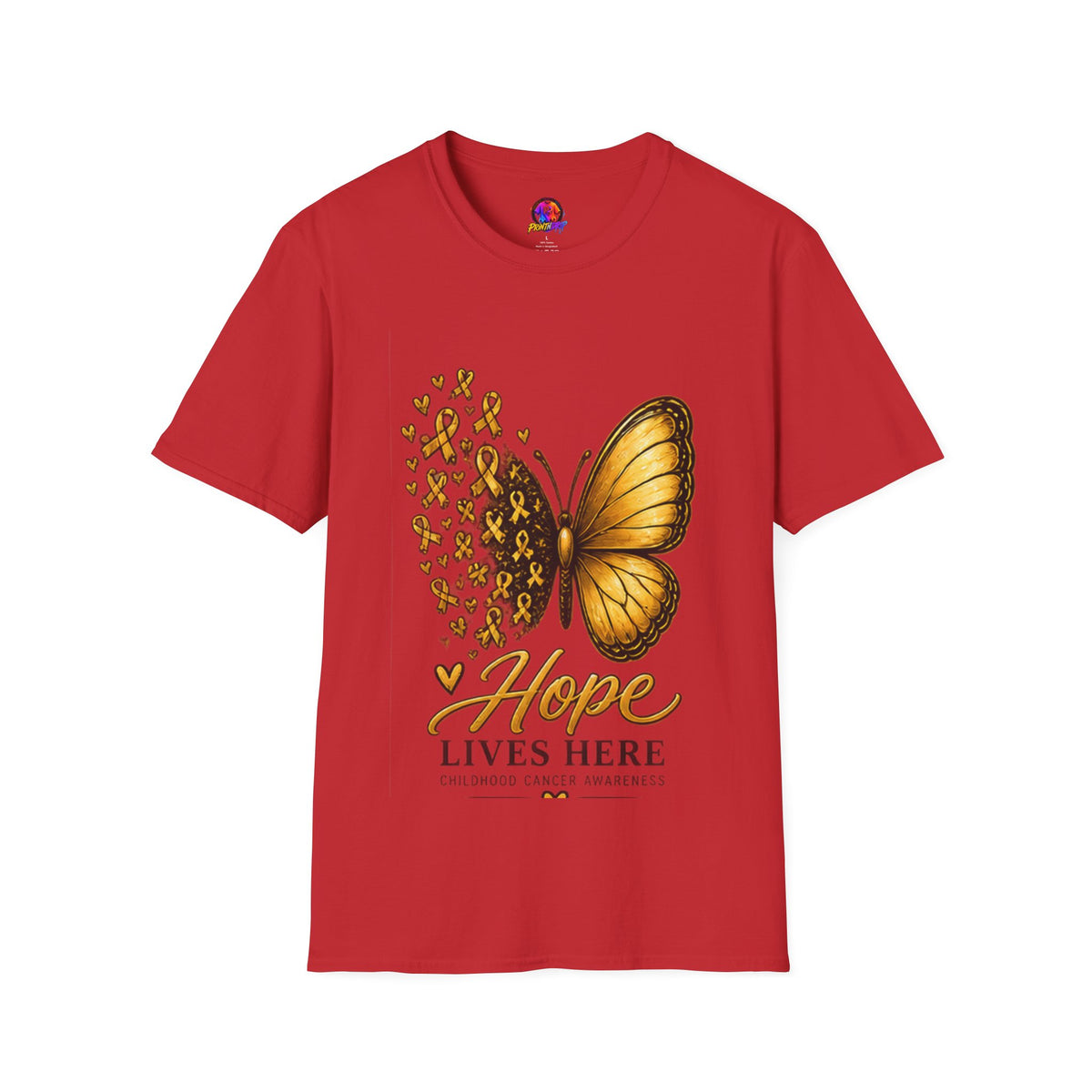 Hope Lives Here Gold Ribbon Butterfly Childhood Cancer Awareness T-Shirt
