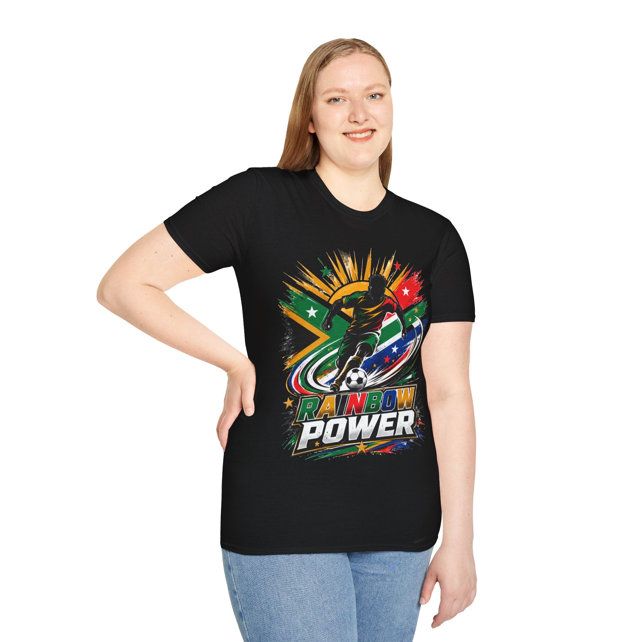 South Africa Soccer Rainbow Power T-Shirt — Colorful Football Player Graphic Tee