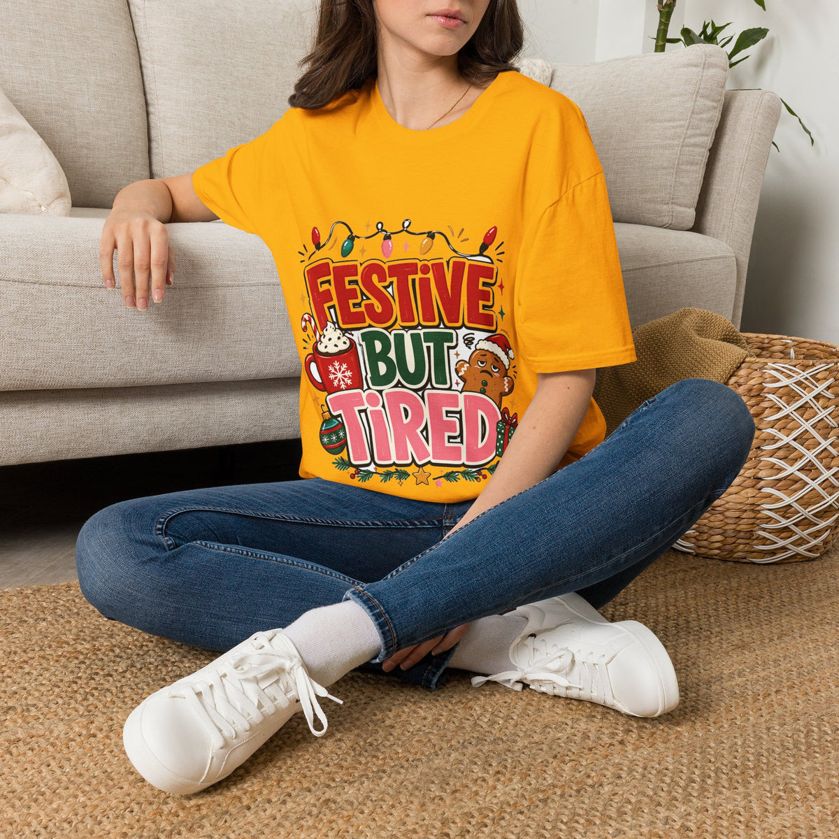 Festive But Tired T-Shirt — Holiday Christmas Crew Tee with Lights & Gingerbread