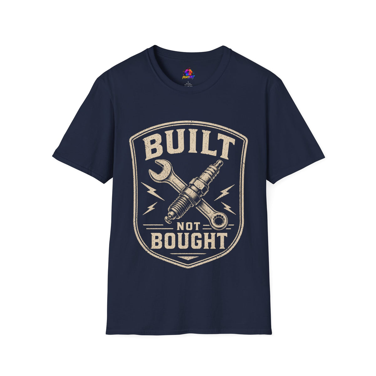Built Not Bought T-Shirt — Vintage Mechanic Wrench & Spark Plug Design