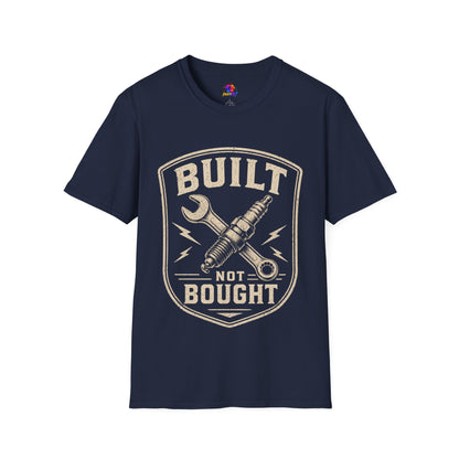 Built Not Bought T-Shirt — Vintage Mechanic Wrench & Spark Plug Design