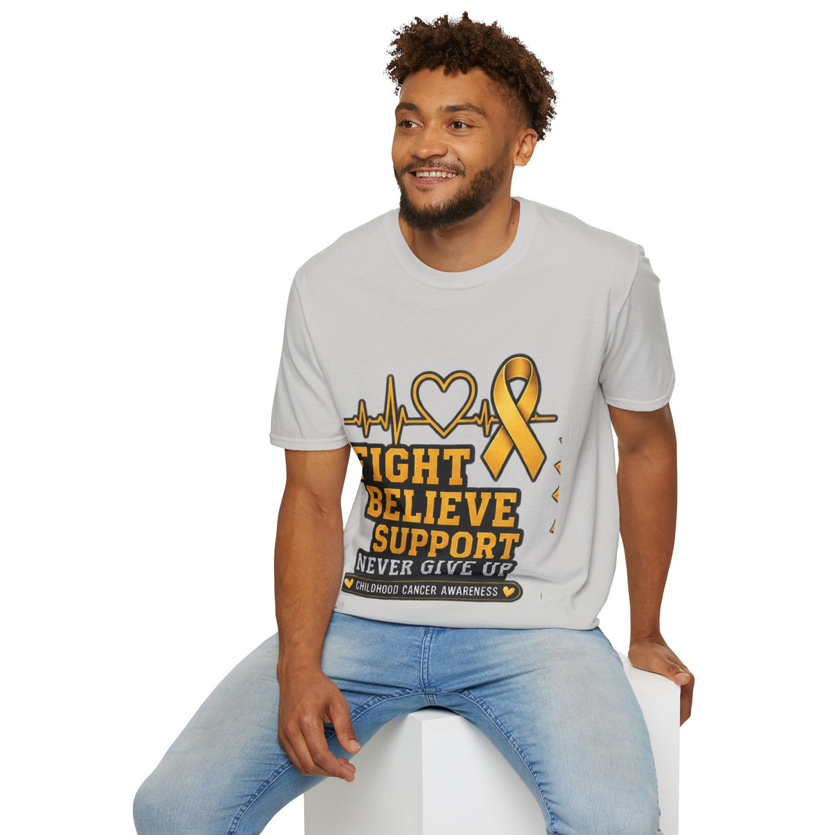 Childhood Cancer Awareness T-Shirt – "Fight Believe Support Never Give Up" Gold Ribbon Tee