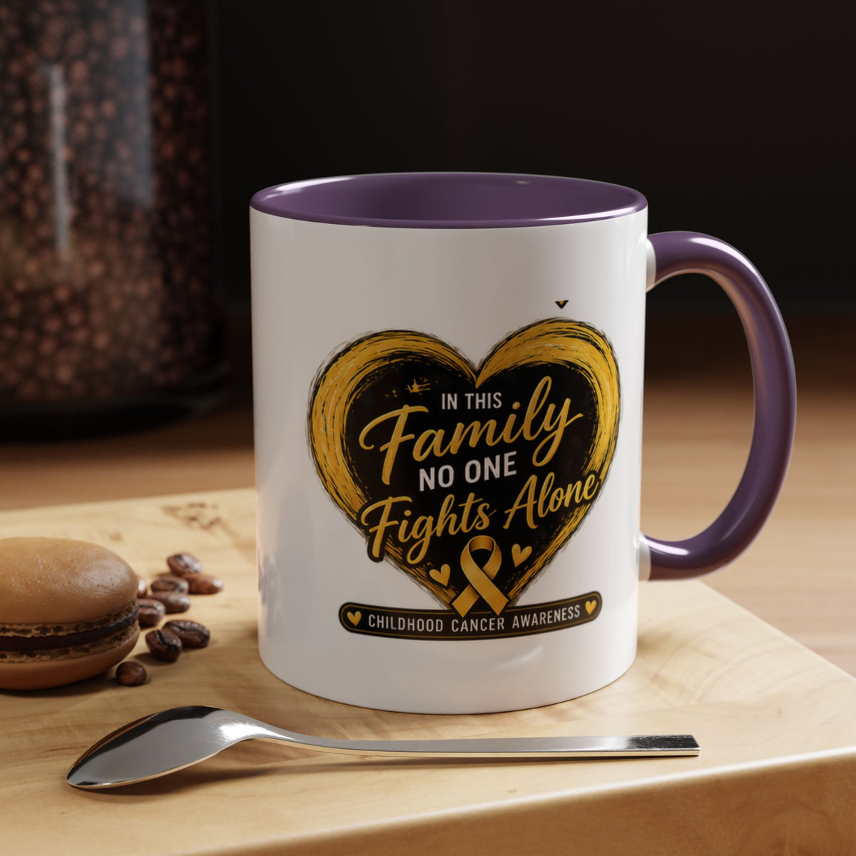 Childhood Cancer Awareness Accent Coffee Mug — "In This Family No One Fights Alone"