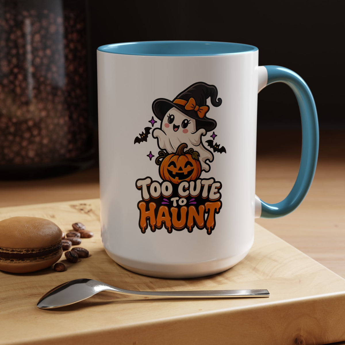 Halloween Coffee Mug - 'Too Cute to Haunt' Ghost Pumpkin Accent Mug