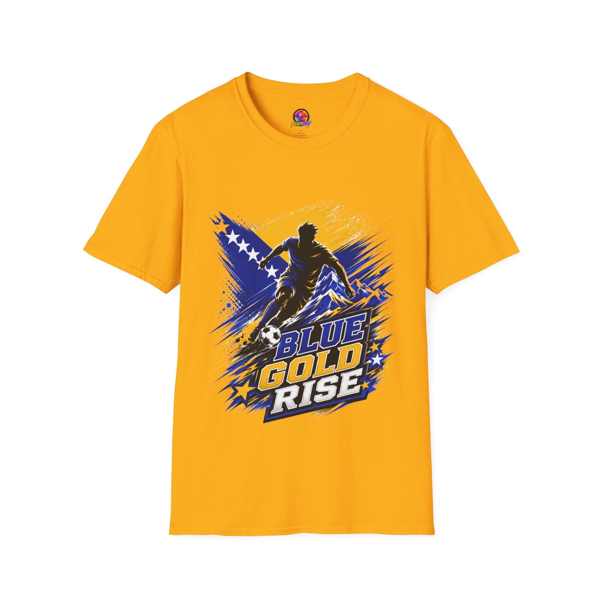 Bosnia Football T‑Shirt - "Blue Gold Rise" Soccer Graphic Tee