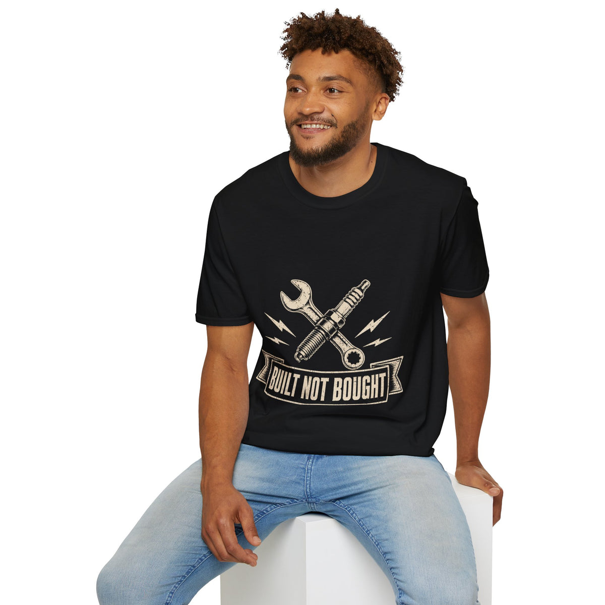 Built Not Bought T-Shirt — Vintage Mechanic Spark Plug & Wrench Tee for DIY Car Enthusiasts