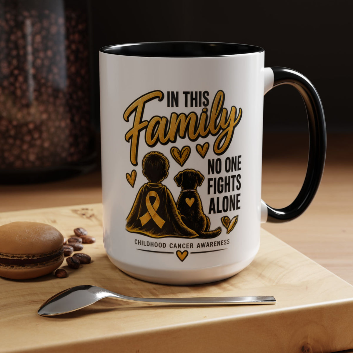 Childhood Cancer Awareness Accent Coffee Mug – "In This Family No One Fights Alone" (11/15oz)