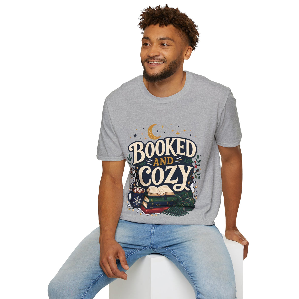 Booked and Cozy T-Shirt — Cozy Reading Graphic Tee (Books, Moon & Stars)