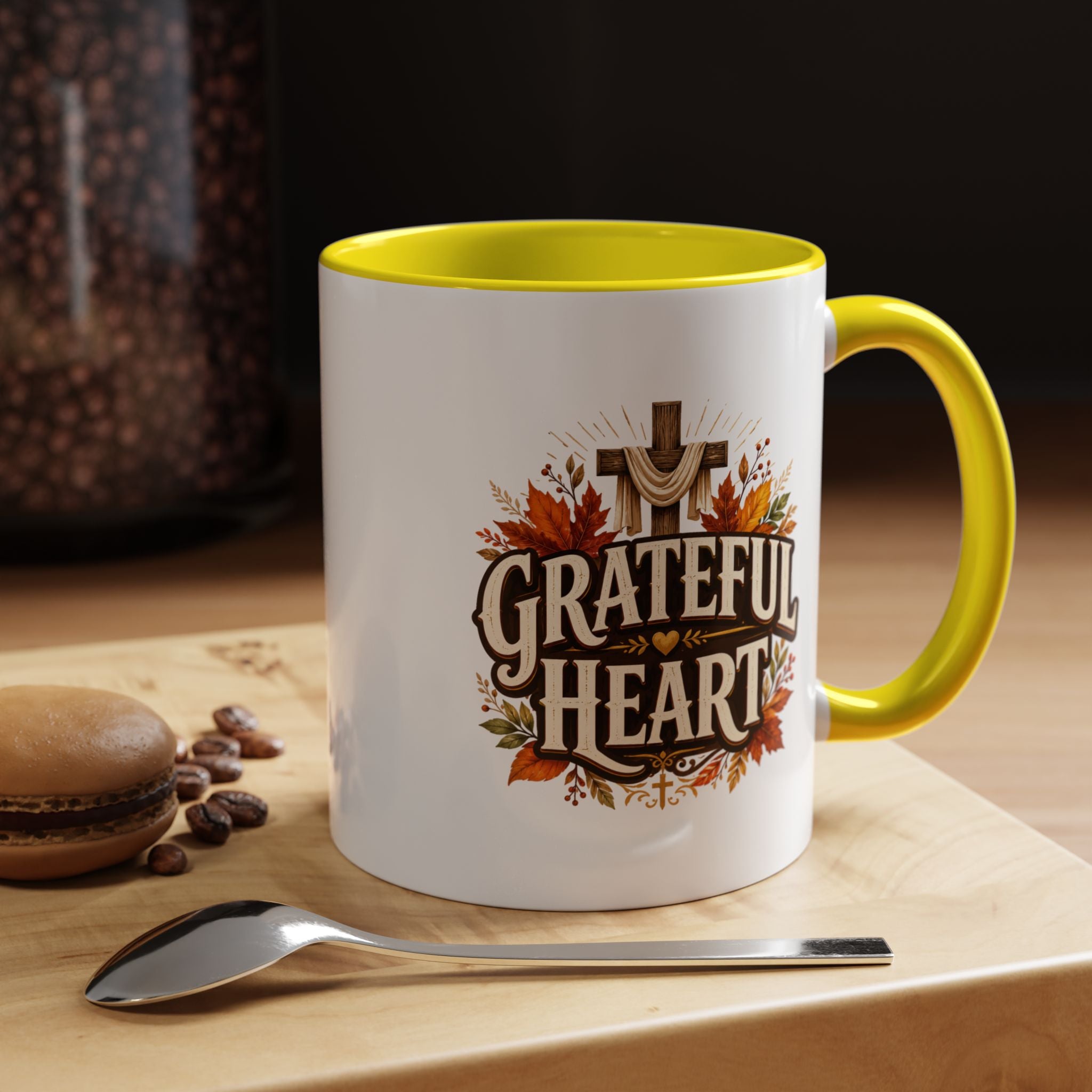 Thanksgiving Mug Grateful Heart Accent Coffee Mug – Autumn Leaves & Cross Spiritual Thanksgiving Gift