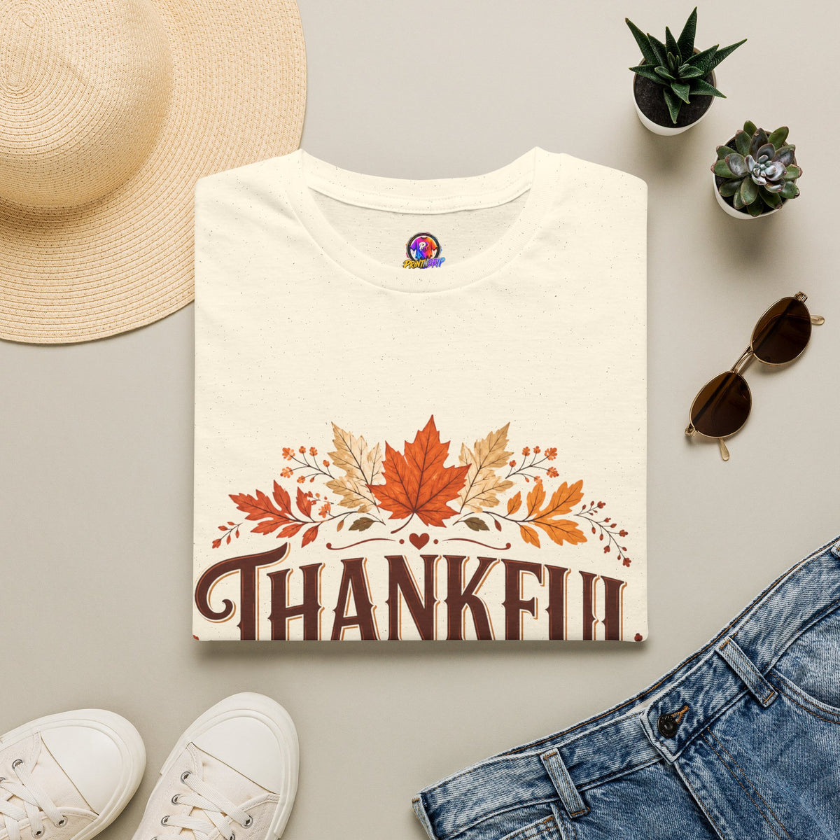 Thanksgiving T-Shirt Thankful Always T-Shirt — Autumn Leaves & Pumpkins Thanksgiving Tee