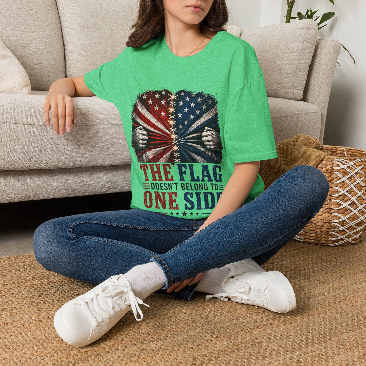 T-Shirt — "The Flag Doesn't Belong to One Side" Distressed American Flag Graphic