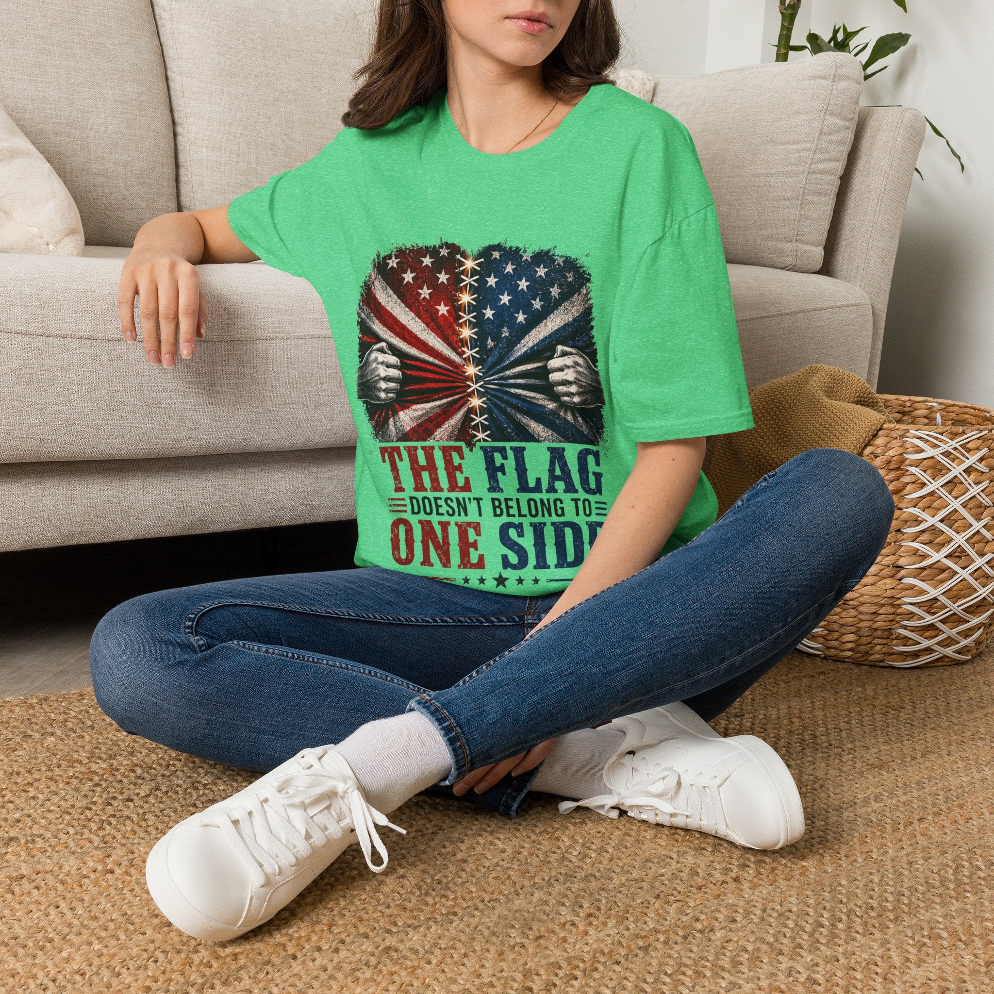 T-Shirt — "The Flag Doesn't Belong to One Side" Distressed American Flag Graphic