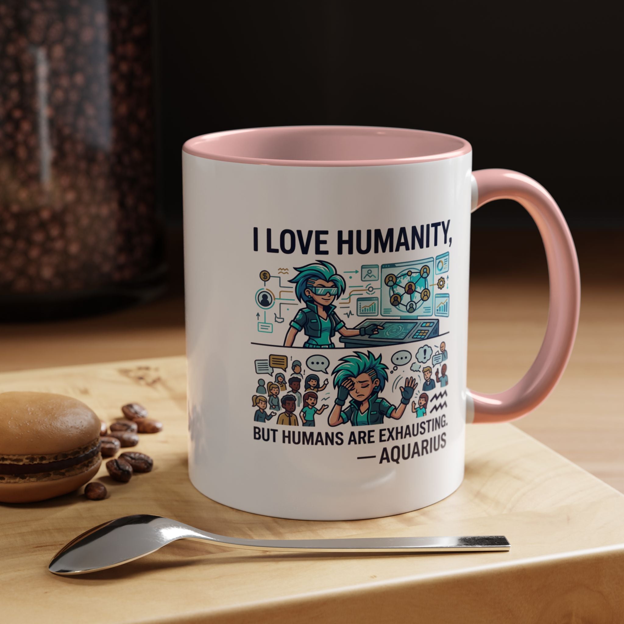 Aquarius Zodiac Coffee Mug — "I Love Humanity, But Humans Are Exhausting" Accent Mug