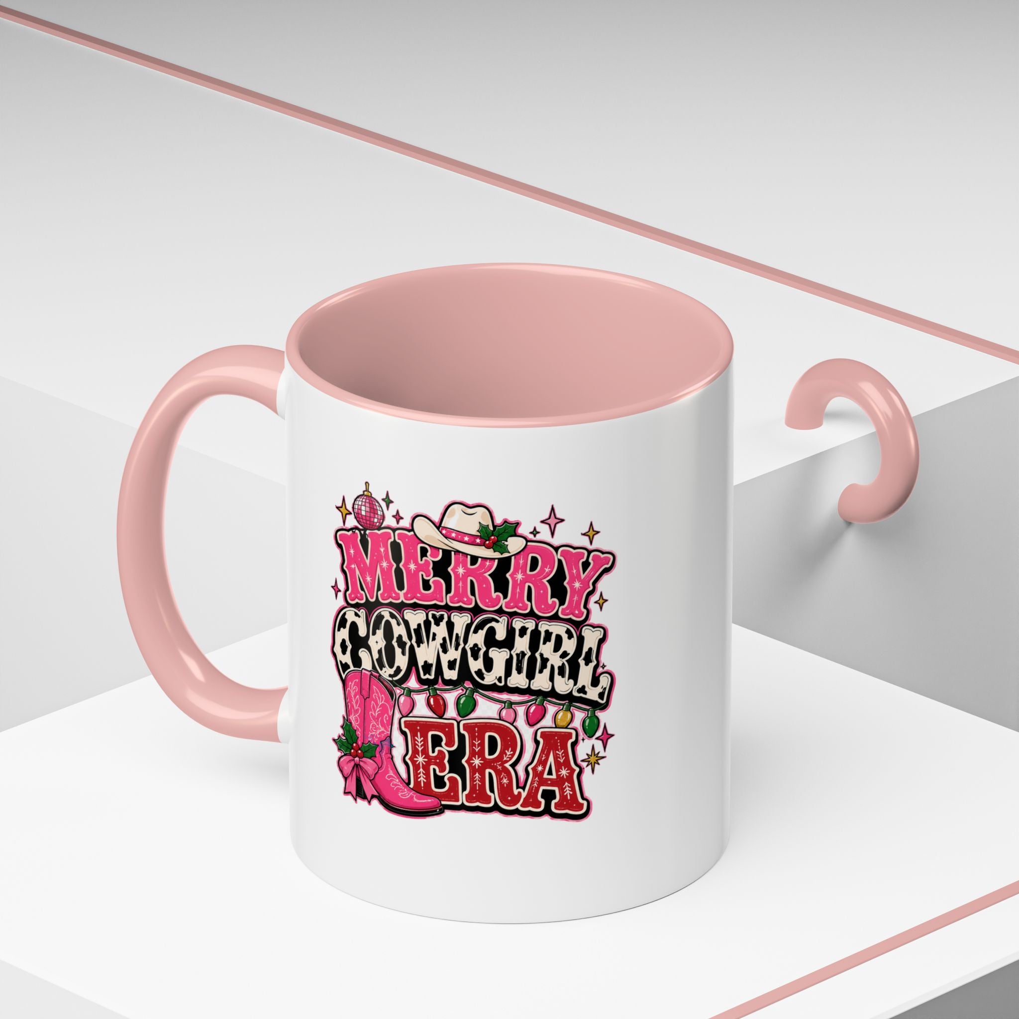 Modern Day Christmas Merry Cowgirl Era Accent Coffee Mug — Festive Pink Western Cowboy Boots & Hat Mug