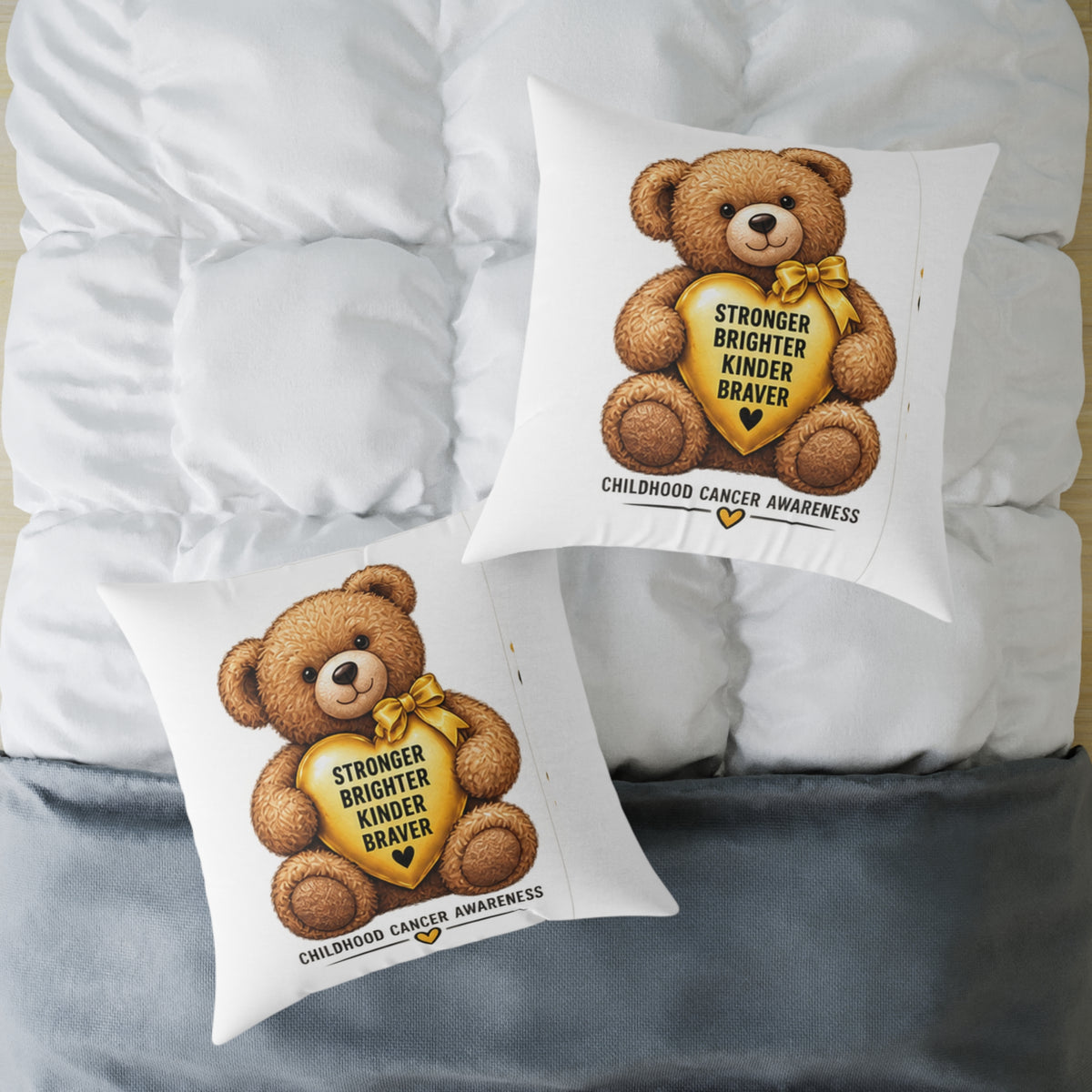 Childhood Cancer Awareness Teddy Bear Pillow — "Stronger Brighter Kinder Braver" Square Throw Pillow