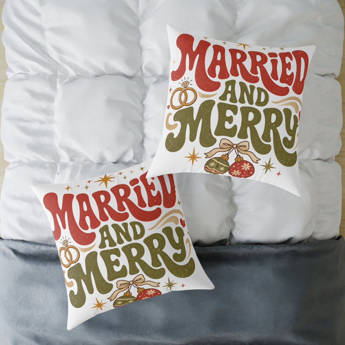 Christmas Married and Merry Holiday Pillow — Festive Wedding & Christmas Decorative Pillow