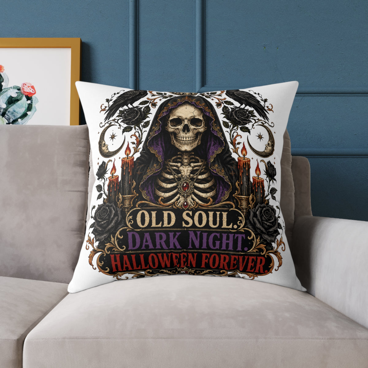 Halloween Skull Pillow — "Old Soul, Dark Night" Decorative Cushion