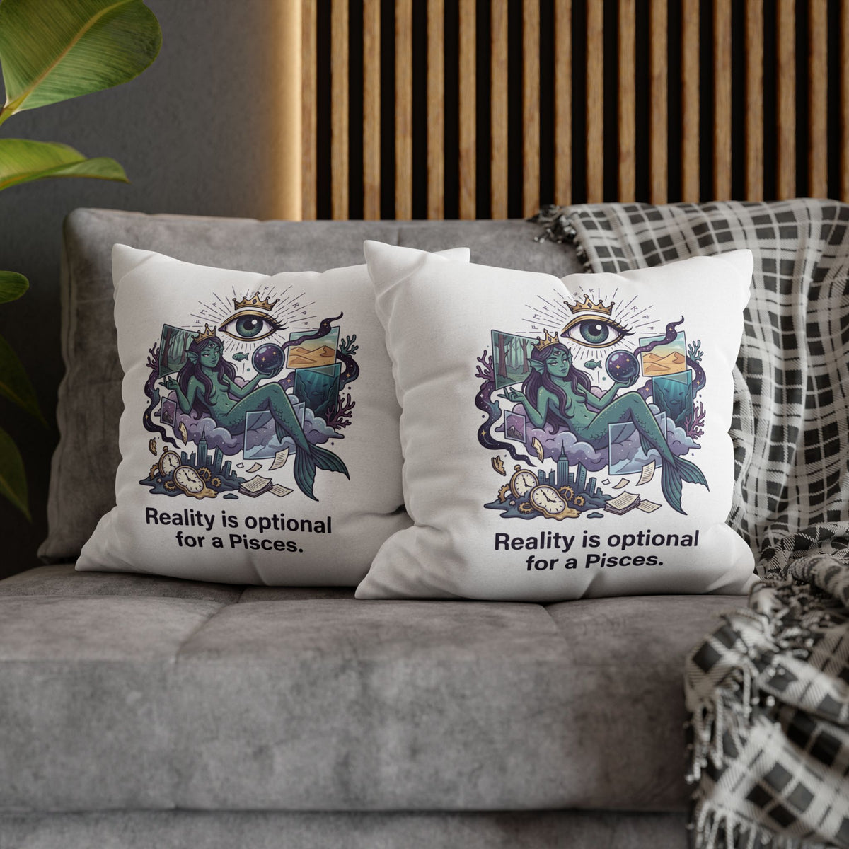 Pisces Mermaid Pillowcase — "Reality Is Optional for a Pisces" Decorative Throw Pillow