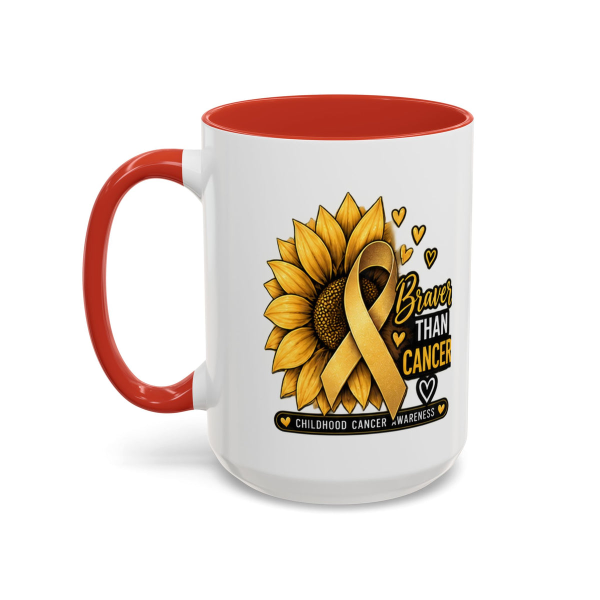 Childhood Cancer Awareness Mug — "Braver Than Cancer" Sunflower & Gold Ribbon