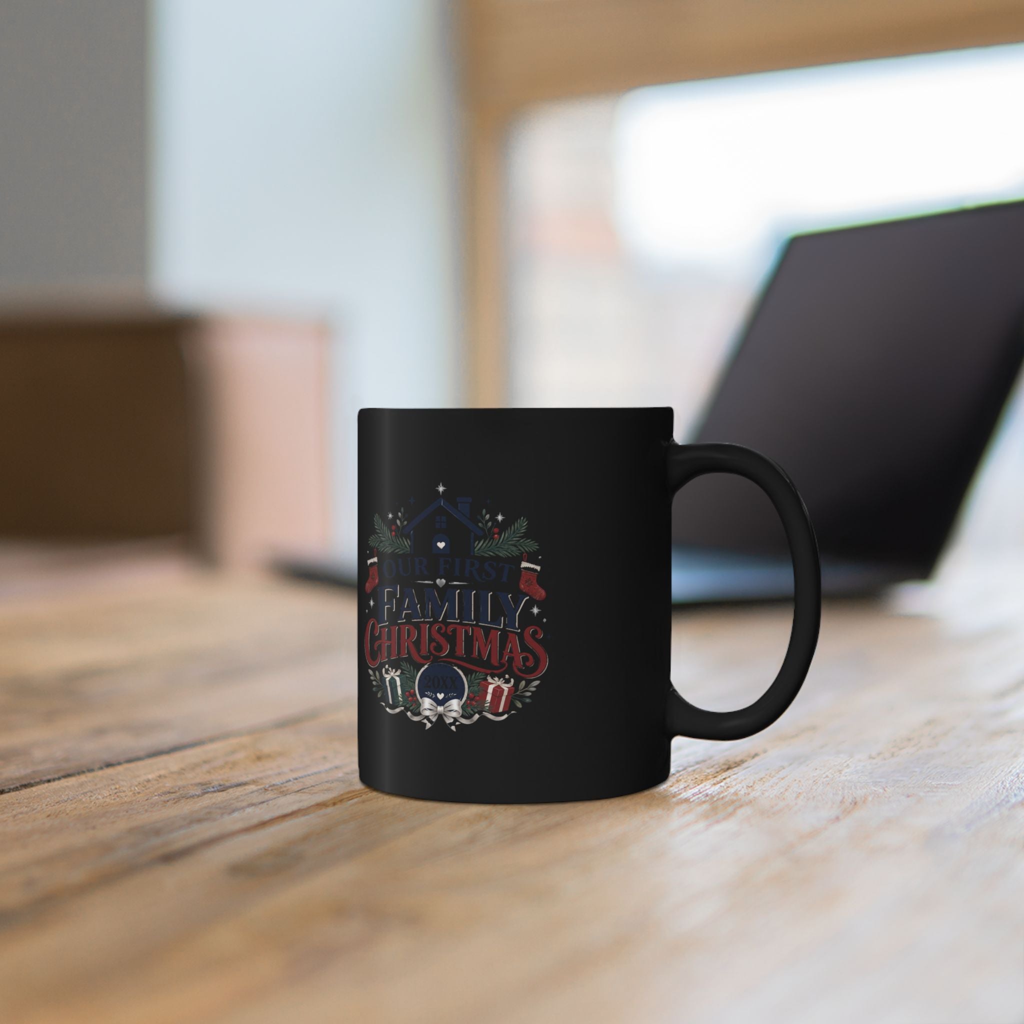 Christmas Family First Holiday Mug — “Our First Family Christmas” Black Coffee Cup