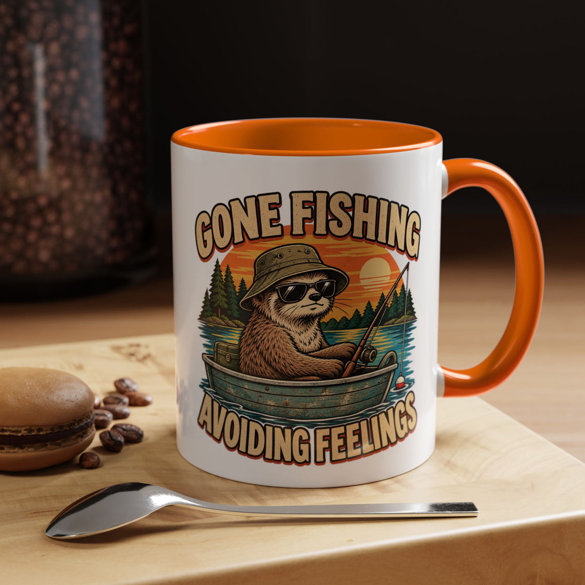 Funny And Witty "Gone Fishing Avoiding Feelings" Accent Coffee Mug (11, 15oz)