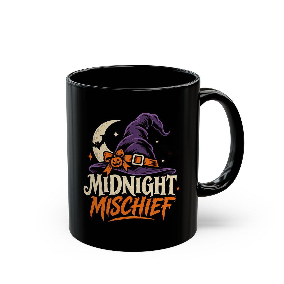 Midnight Mischief Halloween Mug — Witch Hat Moon Design (11oz/15oz Black)