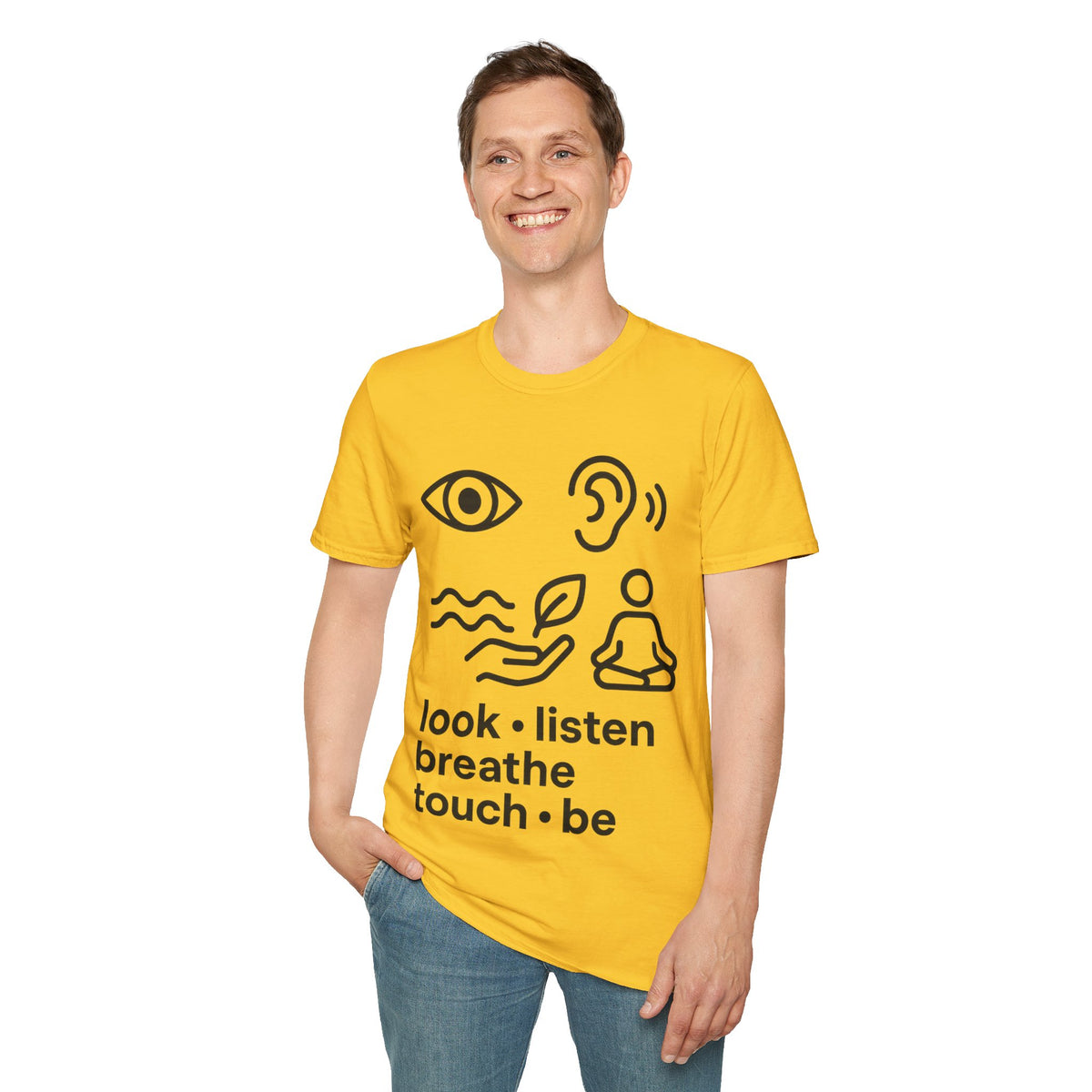 "Look Listen Breathe" Five Senses Mindfulness Tee - Minimalist Aesthetic Wellness White T-Shirt - Trending Now - September 2026
